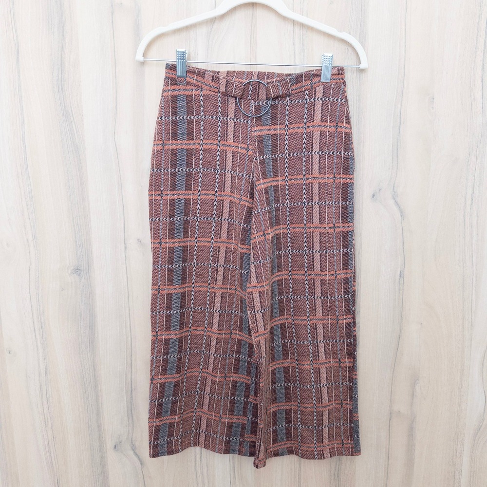 Zara Womens Cropped Plaid Pants Small Brown O-Ring Belted Knit Academia Preppy
